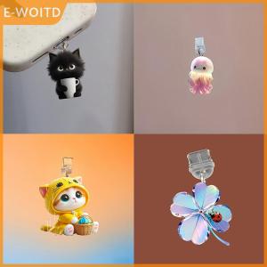 【E-WOITD】 Mobile Phone Dust Plug Pendan Cute Cat Dog Shamrock Decoration Hanging Pendant For IPhone Type-C Charging Port Anti-Dust Plug