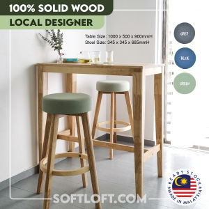 Softloft (1+2) BTS Bar Table 90CM + 2 Momo Stool Set Make From 100 % Solid Rubber Wood Simple Design Tall Desk High Island With Chair Scandinavian