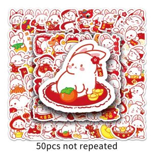50PCS Cute Cartoon Animal Rabbit Sticker Chinese Style Spring Festival Atmosphere Decorative Phone Case Waterproof Sticker