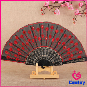 CeeJay พัดลูกไม้ ปักด้วยเกล็ดกลิตเตอร์ พัดแต่งขอบลูกไม้สีดำ Lace Folding fan