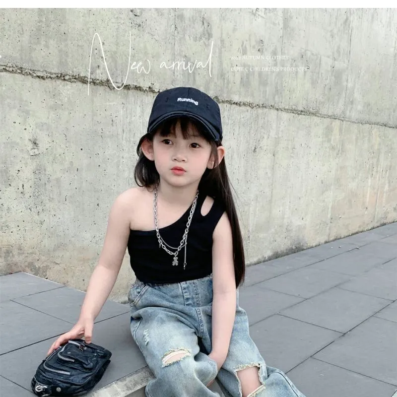 Girls One-Shoulder Tanks Plain Cotton Kids Oblique Shoulder Sling
