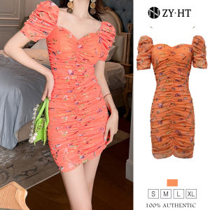 ZYHT (Giải phóng mặt bằng Sử dụng phiếu giảm giá) Váy lưới cắt cúp in hoa tay áo phồng thiết kế xếp li đầm body đầm tiểu thư sang chảnh eravogue 10106