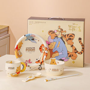 5pcs Ceramic Tableware Set  Bowl Plate Cup Spoon Chopsticks  Cute Cartoon Dinnerware Gift Set