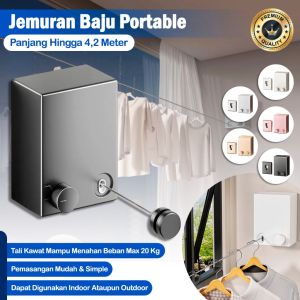 SN Jemuran Baju Portable Tali Jemuran Kawat Indoor Outdoor – Gantungan Baju Tali Kawat 42 Meter Retractable Clothesline Jemuran Pakaian Gantungan Baju Dinding