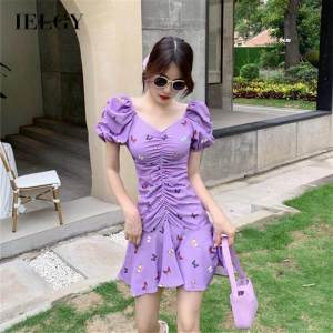 IELGY Korean version puff sleeves butterfly print fashion dress for women waist slimming Light luxury V-neck ruffles pleated