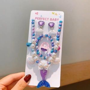 5 In 1 Kids Mermaid Jewelry Set Shell Pearl Pendant Necklace Dangle Earrings Finger Ring Cute Mermaid Themed Accessories Birthday Party Gift For Girls