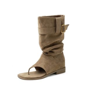 GOOTRADES ดีไซเนอร์ รองเท้าแตะและบู๊ตผู้หญิง ปี 2000 โกธิค รองเท้าบู๊ตสูงถึงเข่า ใหม่ หัวเข็มขัด รองเท้าบู๊ตเปิดนิ้วเท้าแบบคลิป รองเท้า