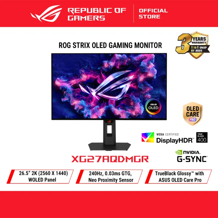 ROG Strix OLED XG27AQDMGR gaming monitor ― 27-inch (26.5-inch viewable) 1440p TrueBlack Glossy™ OLED, 240 Hz, 0.03 ms, Neo Proximity Sensor, ASUS OLED Care