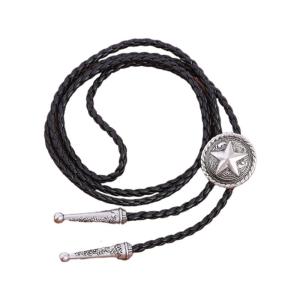 American Bolo Tie Vintage Western Punk Cowboy Star Pendant Faux Leather Braided Rope Cord Necktie Necklace for Men Women
