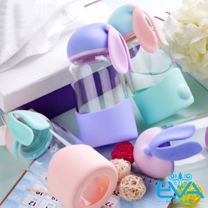 Bình Nước Thủy Tinh Bọc Silicone Hình Hươu Deer Cute Kèm Dây Xách 300ml