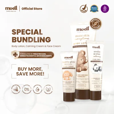 Moell Bundling Soothing & Calming Rub Cream 50gr & Face Cream 40gr & Body Lotion 185gr - Calming Cream With Red Ginger - Body Lotion With 10x Hyalluronic Acid - Face Cream With Plant Based Probiotics - Skincare Untuk Bayi & AnaK