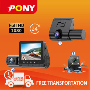 PONY 3 Channel Car Mini Dashcam 3-Len HD 1080P Dash Cam Front and Rear Inside Mini Black Vehicle Dash Cam