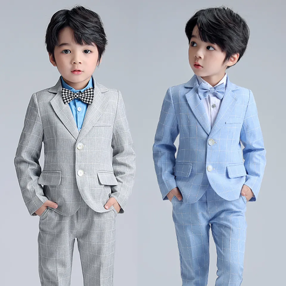Boys Slim Fit Windowpane Suit 2 Button Kids Formal Outfit Set Wedding Suits