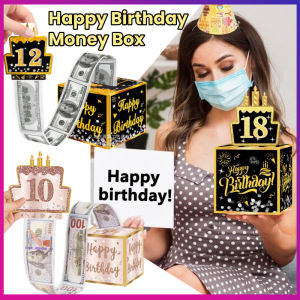 Birthday Surprise Box Black Gold Pull-Out Gift Money Box Cash Surprise Box with Cake Card