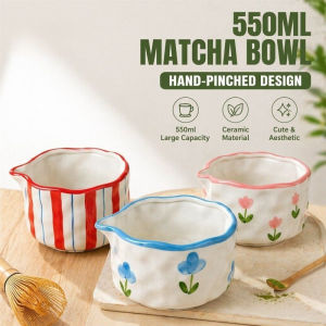 Ceramic Matcha Bowl Japanese Style Hand Painted with Spout Irregular Rim Large Capacity