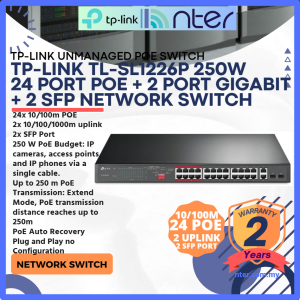 TP-LINK Tplink 24 Port 100M IP Network Rackmount POE Switch 24 Port POE 2x Gigabit Uplink 2x SFP 250W SL1226P TL-SL1226P