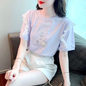 YIGE 2022 Summer New Fashion Korean Style Puff Sleeves Lace Cotton T-Shirt