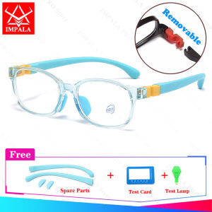 IMPALA FL1011Q แว่นเลนส์อ่อนแฟชั่นสีฟ้าบล็อคสำหรับเด็ก2-8ขวบแว่นตาคอมพิวเตอร์ของเล่นพร้อมอะไหล่ฟรีป้องกันแสงสีฟ้าเด็กหญิงเด็กชายแว่นเลนส์อ่อนแว่นตาป้องกันรังสียูวีพร้อมกล่อง