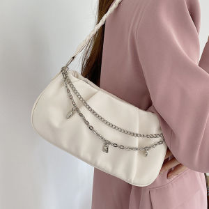 2026 NEW ARRIVAL ruffled cloud hand shoulder baguette bag with sling and chain detail