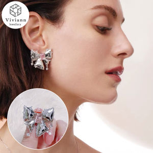 Viviann Original 1 pair gemstone bow earrings luxury high-end stud earrings for women Female Luxury Crystal Stud Earrings Vintage Silver Color Wedding Jewelry White Zircon Stone Earrings For Women