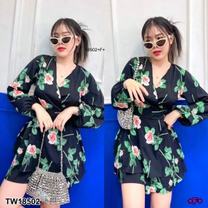 P18502 Jumpsuit จั้มสูทกางเกง ลายดอกกุหลายบ สายผูกเอว