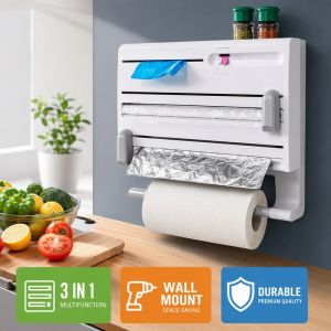 Kitchen Wrap Dispenser Holder Wall Mounted Space Saver Aluminum Foil Cling Film Paper Towel Cutter Organizer