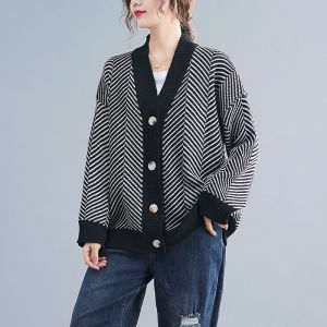 Sweater Rajut Wanita Lengan Panjang Kerah V Longgar Mantel Kardigan Bergaris Atasan Hangat Retro