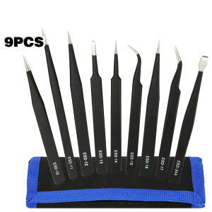 9pcs Anti-static Tweezers Industrial Tweezers Kit Stainless Steel Electronic Mobile Phone Repair Hand Tool Anti-Static Precision Tweezers