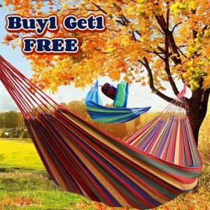 Buy 1 Get 1 Summer colorful Canvas Portable Hammock Duyan Hanging Sleeping Bed high quality Cotton Rope Outdoor Home Travel Leisure Camping BIG Swing Hammock Duyan Garden Hammock Swing Sleeping Bed buy 1 take 1 with Storage bag Waterproof Camping Tent
