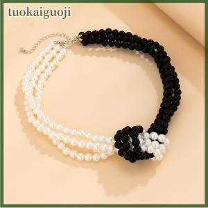 tuokaiguoji Fashion Black White Imitation Pearl Patchwork Chain Necklace For Women Vintage Multilayer Bead French Choker Jewelry