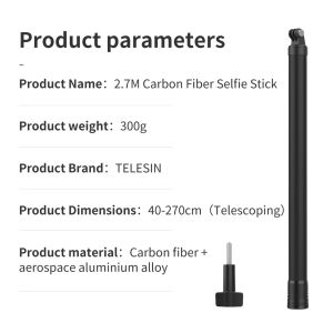 TELESIN 3M / 2.7M Carbon Fiber Invisible Selfie Stick for GoPro MAX HERO 12 11 10 9 8 7 / / DJI ACTION