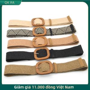 QK FA ✨ Mùa Hè Phụ Nữ Đàn Hồi Dệt Vành Đai Vuông Khóa Cổ Điển Boho Rơm Vành Đai Váy Vành Đai