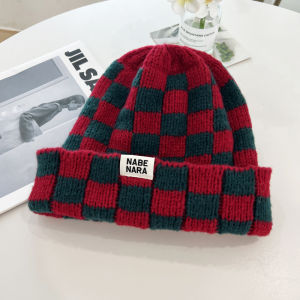 【WJ】New autumn and winter warm checker pattern easy-matching woolen hat Couple Knitted Hat Female Ear Protection Cold Hat