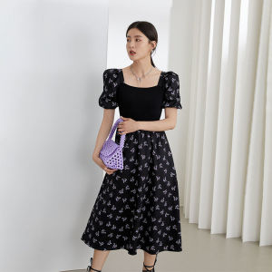 Missliu Fashion Large Size 2025 Womens Collar Floral Dress French New Black Texture Sweet Wind Puff Sleeve Skirt