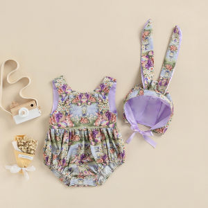 Beautywoo) ชุดเสื้อผ้าสําหรับเด็กแรกเกิดเด็กผู้หญิงชุดรอมเปอร์แขนกุดพิมพ์ลายการ์ตูนกระต่ายอีสเตอร์สีพื้นหมวกผูกหูสวมใส่สบายสําหรับฤดูร้อน