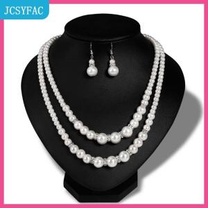 JCSYFAC Đôi chuỗi trang sức ngọc trai đặt phụ nữ mô phỏng Vòng cổ ngọc trai bông tai trang sức