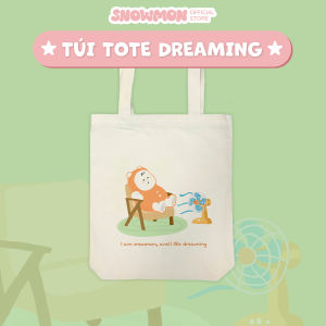 Túi tote vải canvas Snowmon Dreaming Moni có khóa kéo đeo vai đáng yêu