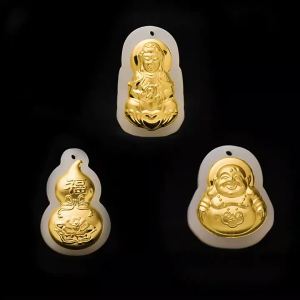 White Jade Pure Gold Guanyin Maitreya Buddha Pendant Gold-inlaid jade gourd pendant with the character "Fu" for men and women wholesale on Douyin live broadcast