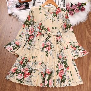 Left MamaReady Stock Kids Dress 5-12 Years Girls Floral Printed Long Sleeve Belted Pleated Mexi Dress Princess Ball Gown Festival Clothes Summer Dress Birthday Party Evening Dress Young Girls Formal Dress Korean Style Dress Baju Baby Girl