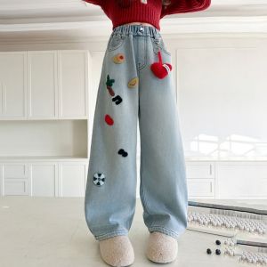 Rolanko Kids Girls Denim Wide-Leg Jeans Blue Straight Towel Embroidery Pants Baggy Elastic Waist Trousers School Daily Casual Wear 6-15 Years