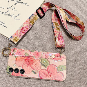 Case for Samsung S24 FE fashion Three-dimensional red peach blossom Painting Style Shiny Bluray with Long Sling Soft Rubber Phone Casing Galaxy S24fe Wrist Strap phone Cover
