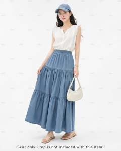 CC  2026 summer new womens a-line midi skirt | faux denim patchwork design | elastic waist mid-length cake skirt