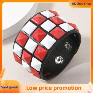 ✨QK shop✨ 18 Color Punk Hip-Hop Three Rows Of Square Rivets PU Leather Big Wide Bracelet For Male Female Buckle Wristband Vintage Jewelry