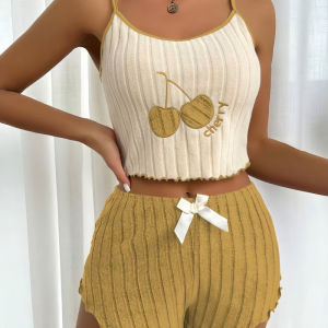 Womens Lingerie Camisole Tank Top Shorts Pajamas Plus-size Knitted Sleeveless Pajama Set