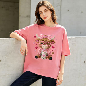 Cute Pink Bow Highland Cow Bubble Tea Print T Shirt Women Cartoon Cow With Hearts Cotton Crew Neck Summer Casual Tee