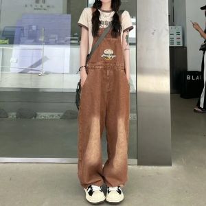 Hàng chuẩn cao cấp Quần yếm jean ống suông rộng thêu HAMBURGER màu NÂU phủ giày siêu phẩm cao cấp