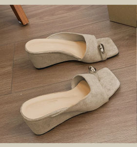 [Free Shipping] WomenS Summer Outdoor Wear 2026 New Style Wedge Sandals With Metal Decoration Square Toe Suitable For Pairing With Skirts Slip-On Open-Toe Sandals