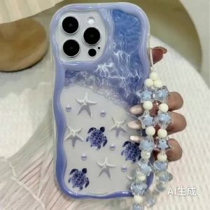 Summer Turtle Marine Elements Wavy-edge Phone Case For iPhone 17 16 15 14 13 12 11 Pro Max Plus 17E Clear Bead String Soft Cover
