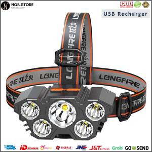 Senter Kepala LED 5 Mata Lampu Camping 4 Mode USB Recharge Terang Bisa Di Cas Head Lamp