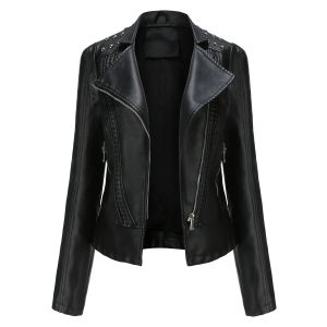 WuChu 2024 Rivet PU Leather Jacket Women Motorcycle Moto Biker Zipper Jacket Ladies Pink Black Purple Coat Fashion Spring Autumn